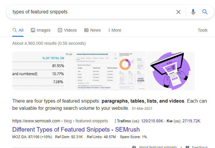 types of featured snippets