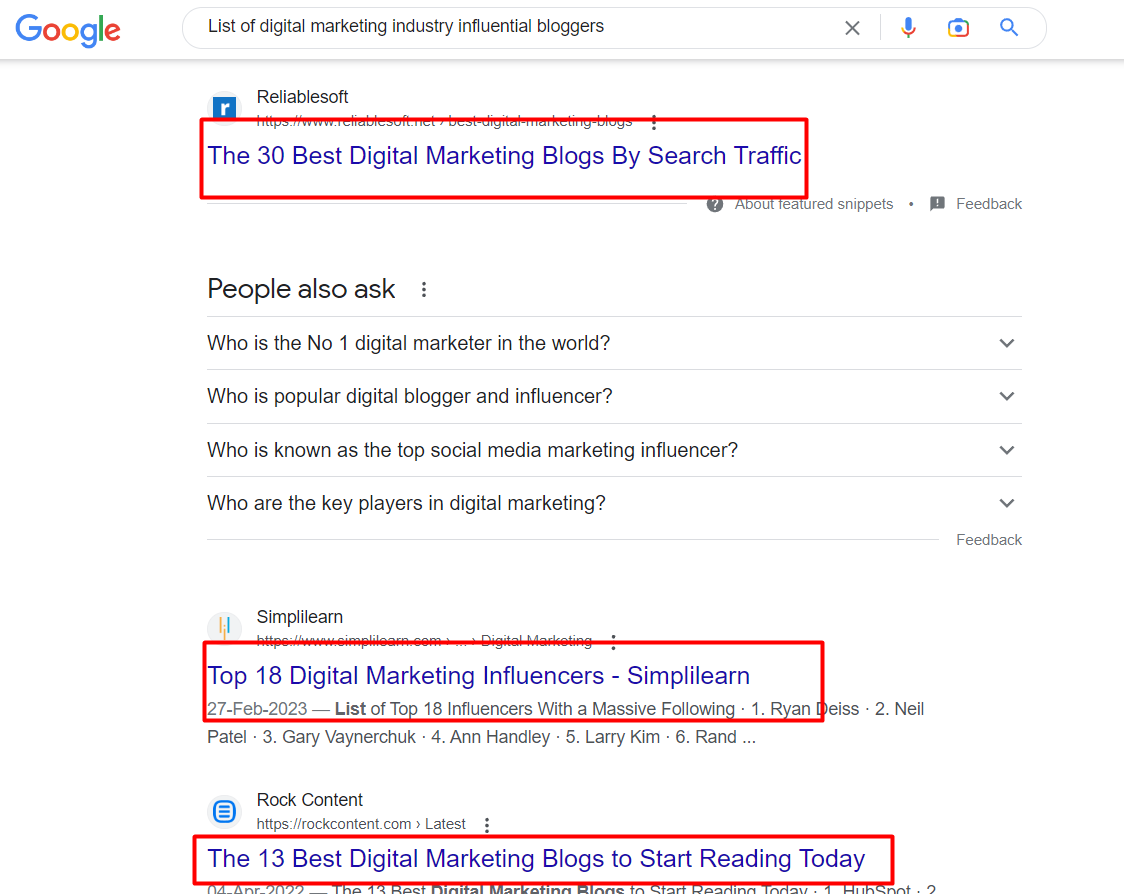 google search screenshot on query digital marketing industry influential bloggers