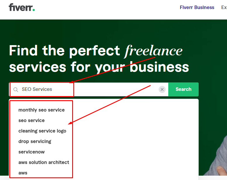 fiverr search box keywords suggestions screenshot