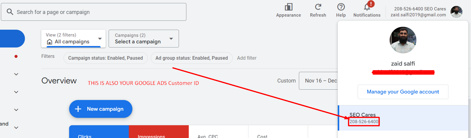 GOOGLE ADS Customer ID method 2 screenshot