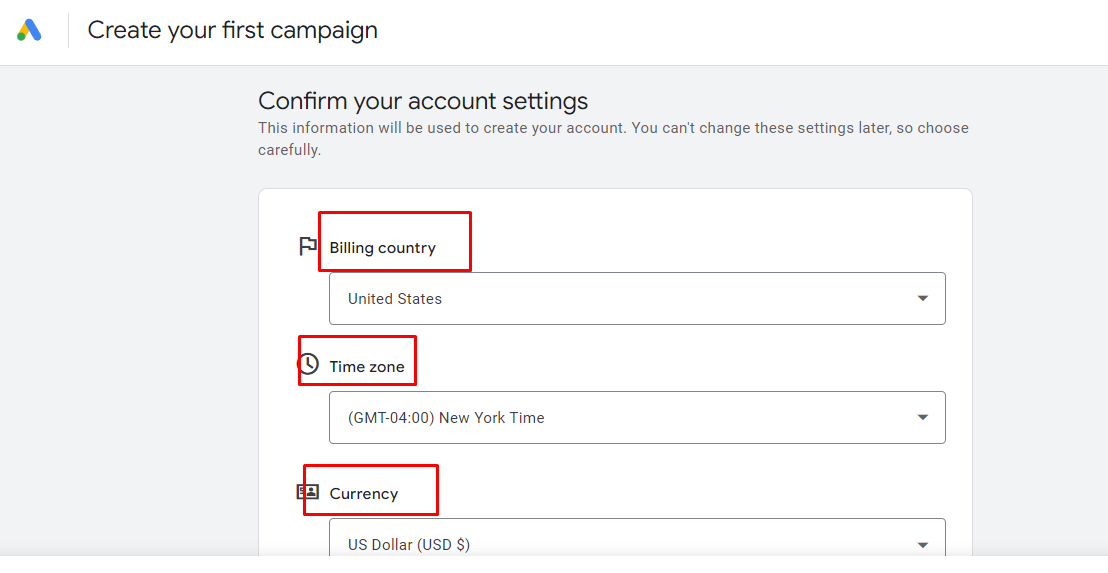 confirm your time zone in google ads screenshot